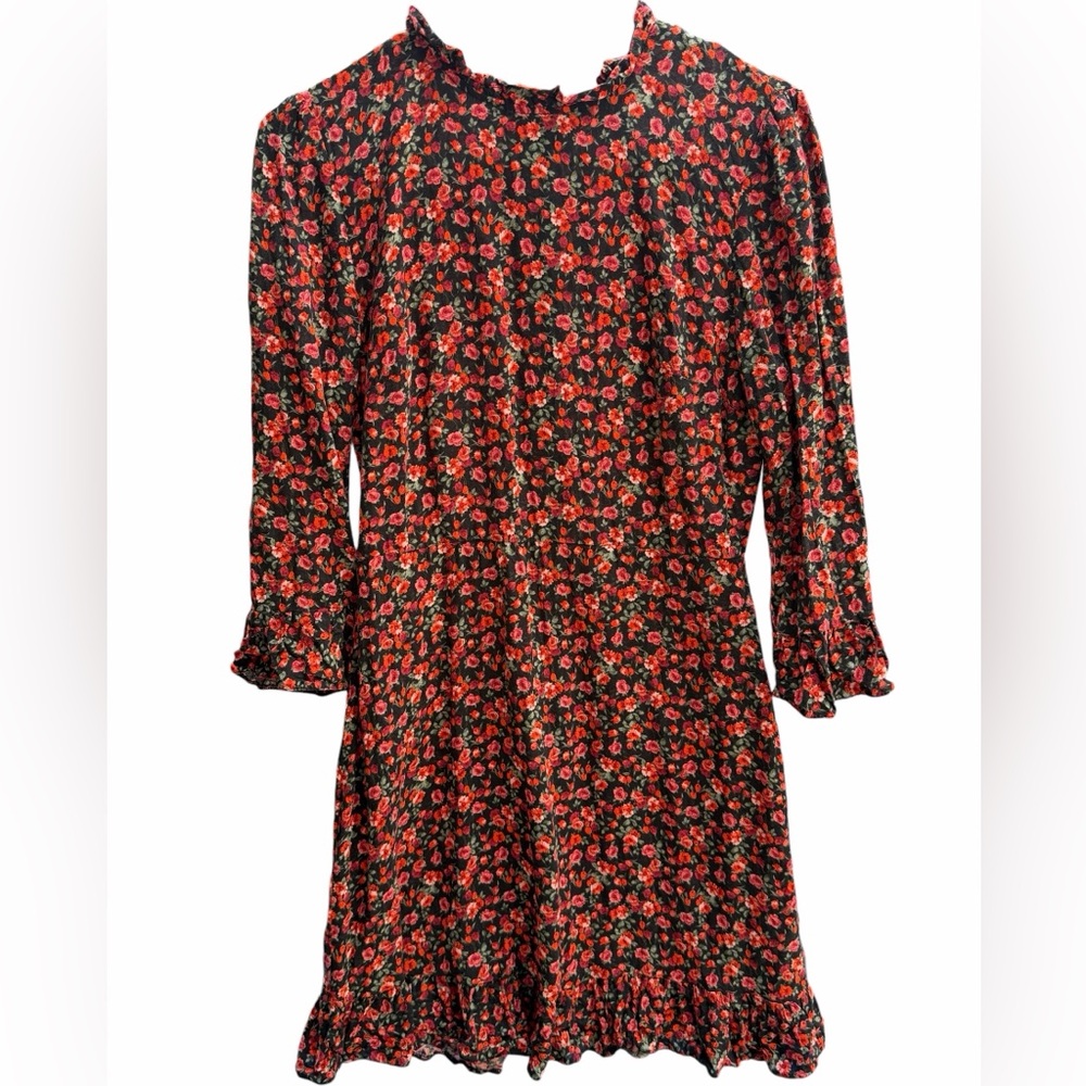 Nobody’s Child Floral Mini Dress Black Red 3/4 Long Sleeve Ruffle Size 8 EUC